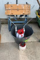 A FOLDING WORKMATE BENCH, A TRUG AND TWO GARDEN SPRAYERS ETC