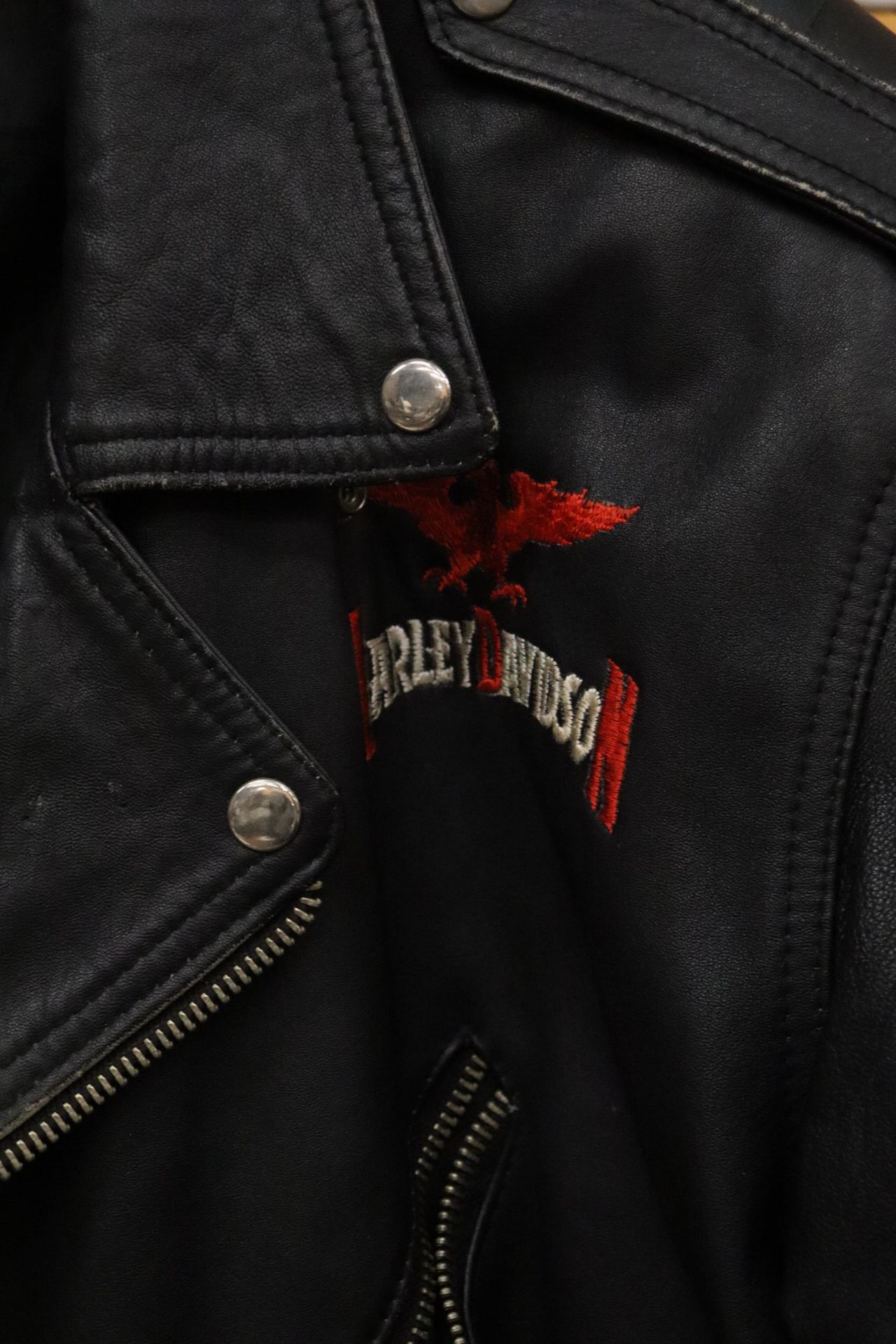A VINTAGE HARLEY DAVIDSON LEATHER MOTOR CYCLE JACKET WITH LOGO TO THE BACK - Image 6 of 11