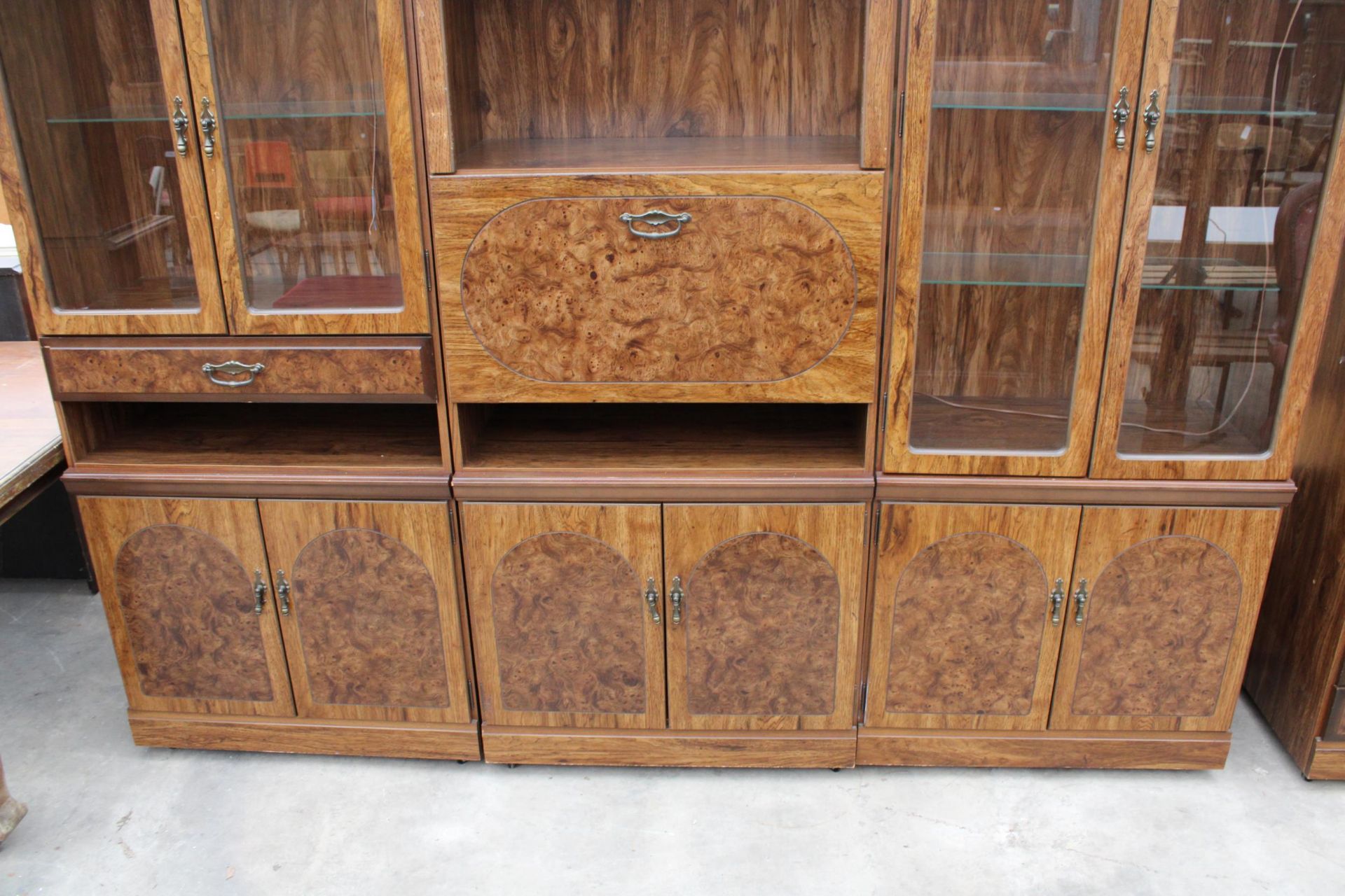 A RANGE OF FOUR 'AUSTINSUITE' BURR WALNUT EFFECT LOUNGE UNITS, EACH UNIT 29" WIDE - Image 3 of 6