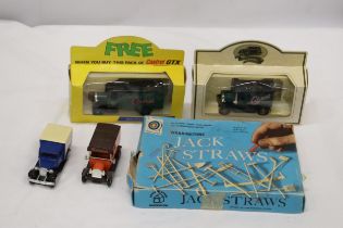 FOUR DIE-CAST ADVERTISING VANS PLUS A WADDINGTON'S JACK STRAWS GAME