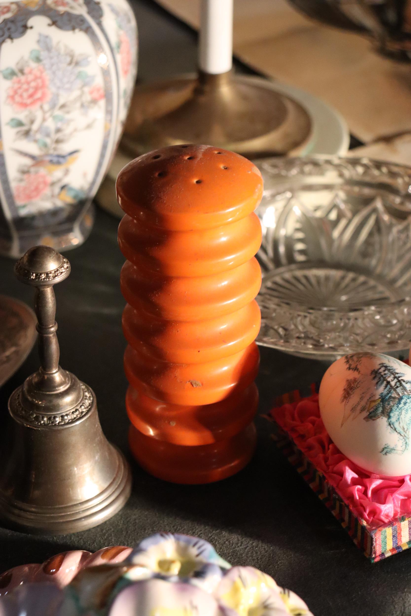 A DENBIGHWARE FLORAL WALL POCKET, ORIENTAL PAINTED EGGS, LIDDED JAR, SILVER PLATED CANDLESTICK, BELL - Image 6 of 14