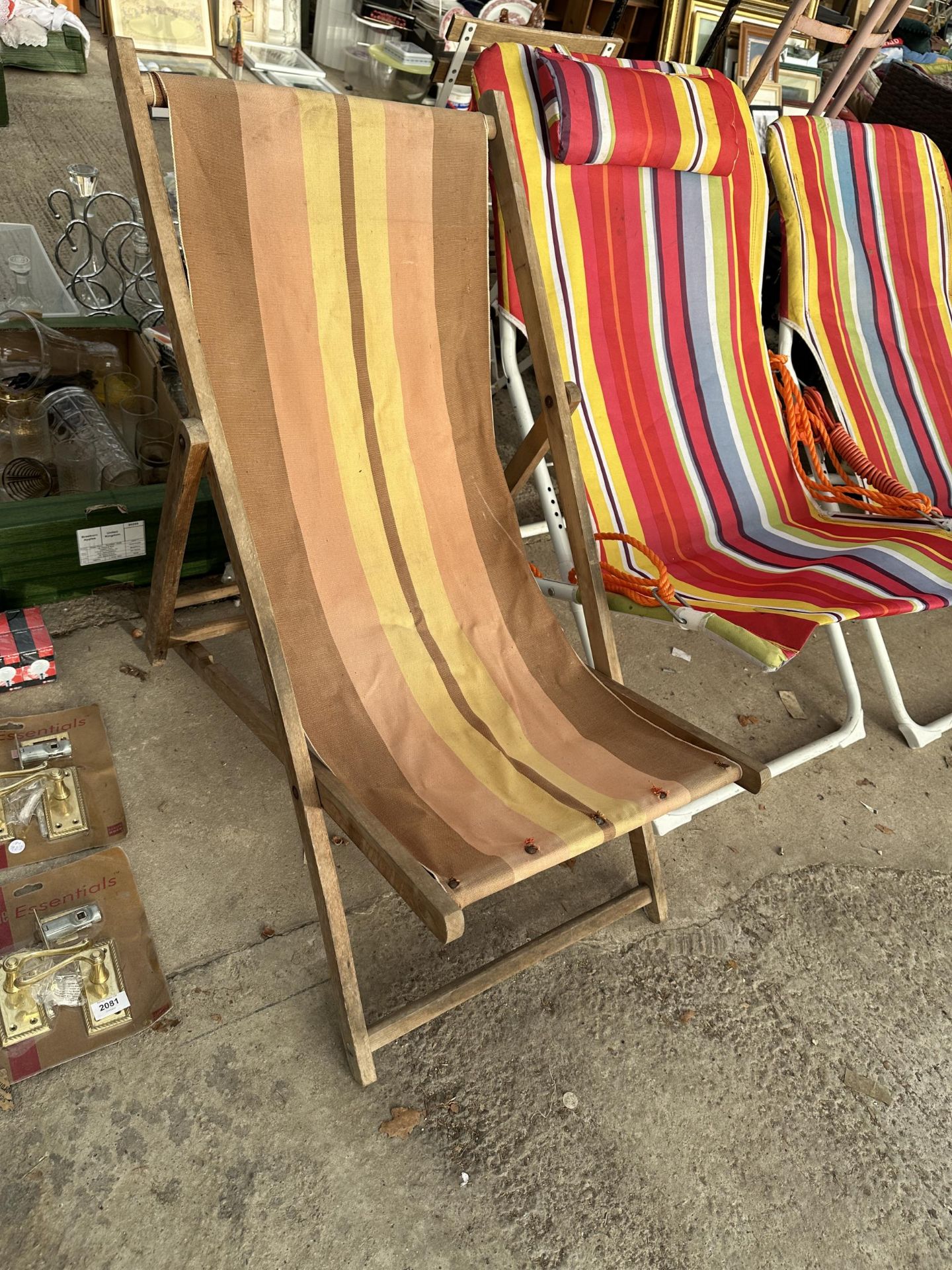 A WOODEN FOLDING DECK CHAIR AND TWO FURTHER METAL FOLDING DECK CHAIRS - Image 3 of 3