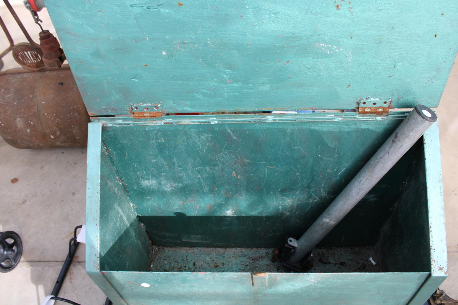 A METAL LIDDED STORAGE BIN AND A DROP DOWN CAR PARK BOLLARD - Image 2 of 3