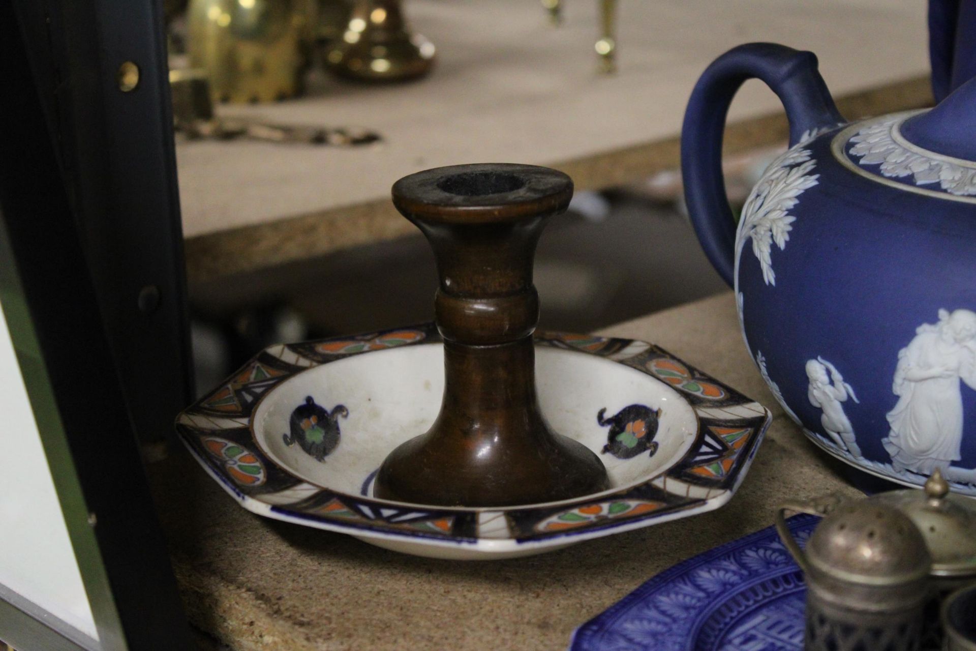 THREE PIECES OF DARK BLUE WEDGWOOD JASPERWARE TO INCLUDE A TEAPOT, PEWTER LIDDED JUG AND MILK JUG, - Image 5 of 6