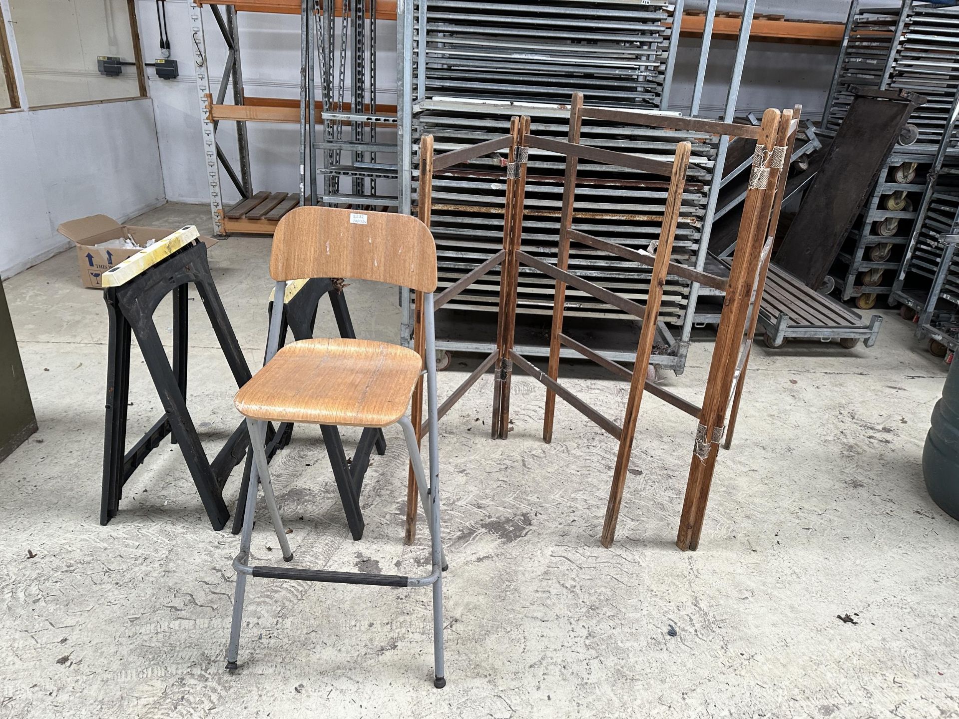 TWO CLOTHES MAIDENS, TWO TRESTLES AND A FOLDING STOOL