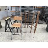 TWO CLOTHES MAIDENS, TWO TRESTLES AND A FOLDING STOOL