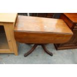 A 19TH CENTURY MAHOGANY DROP LEAF PEDESTAL TABLE WITH ONE DRAWER AND ONE SHAM DRAWER ON SHAM FEET