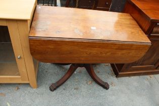 A 19TH CENTURY MAHOGANY DROP LEAF PEDESTAL TABLE WITH ONE DRAWER AND ONE SHAM DRAWER ON SHAM FEET