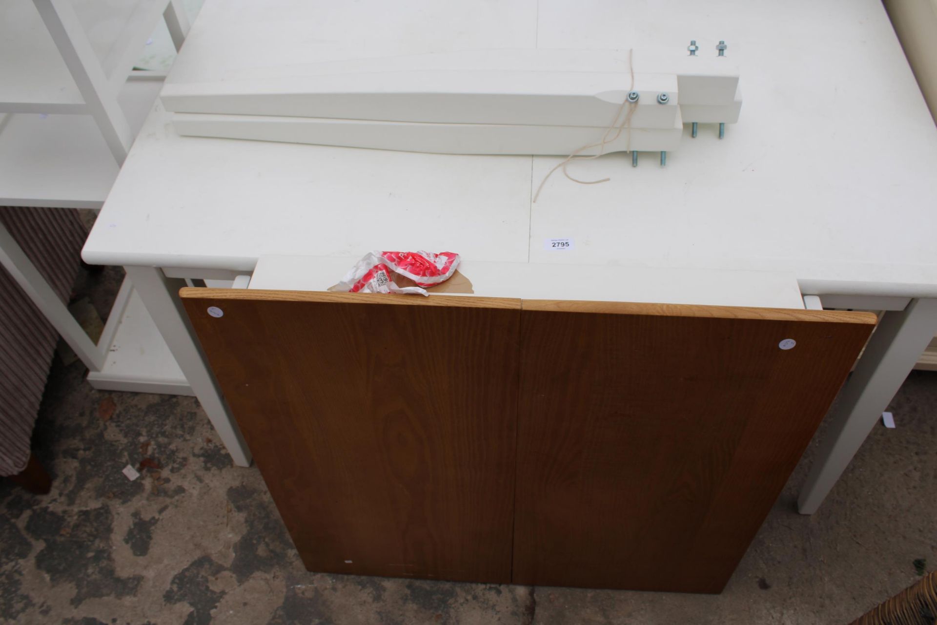 A WHITE PAINTED KITCHEN TABLE, SMALLER TABLE WITH WOODEN TOP AND OPEN DISPLAY UNIT - Image 2 of 2