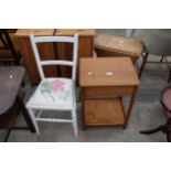 A SMALL OAK TWO TIER TABLE WITH DRAWER AND BEDROOM CHAIR