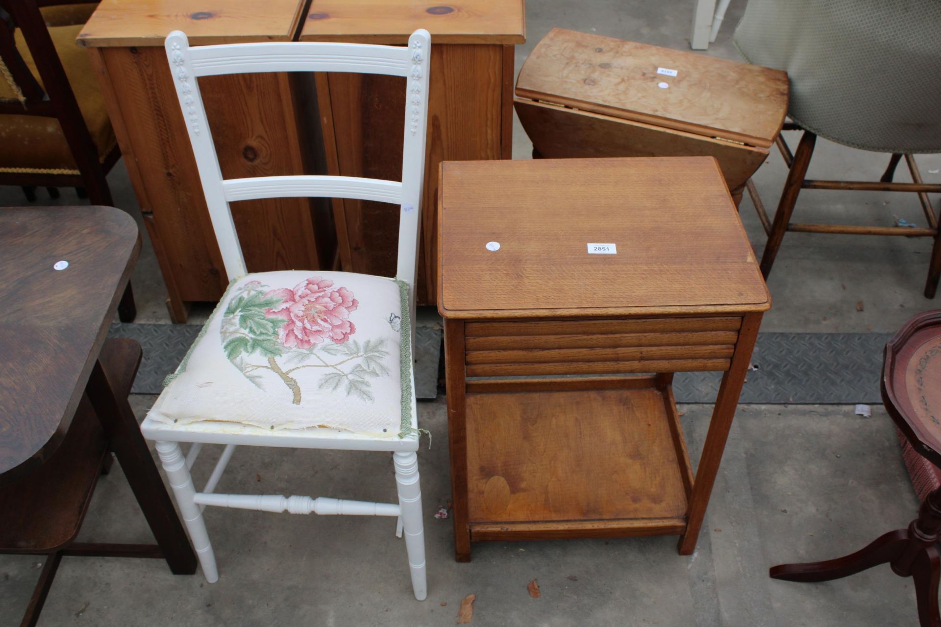 A SMALL OAK TWO TIER TABLE WITH DRAWER AND BEDROOM CHAIR