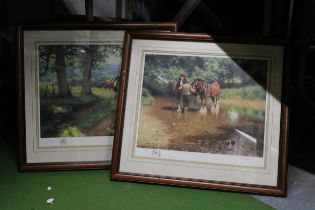 TWO LIMITED EDITION FRAMED PRINTS OF HEAVY HORSES AT WORK, SIGNED TONY SHEATH