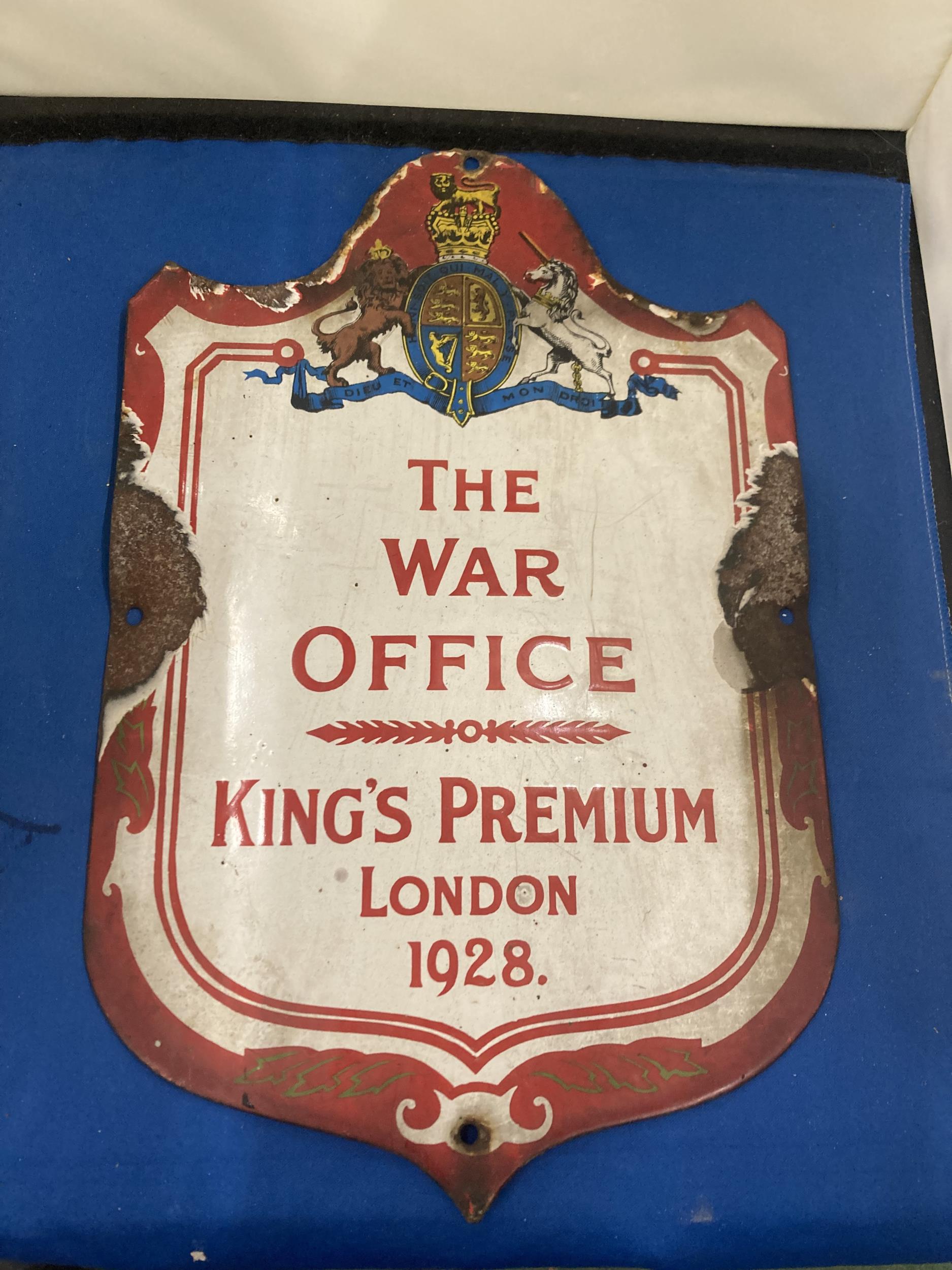 AN ENAMEL CAST SIGN THE WAR OFFICE KING'S PREMIUM LONDON 1928