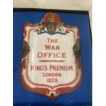 AN ENAMEL CAST SIGN THE WAR OFFICE KING'S PREMIUM LONDON 1928