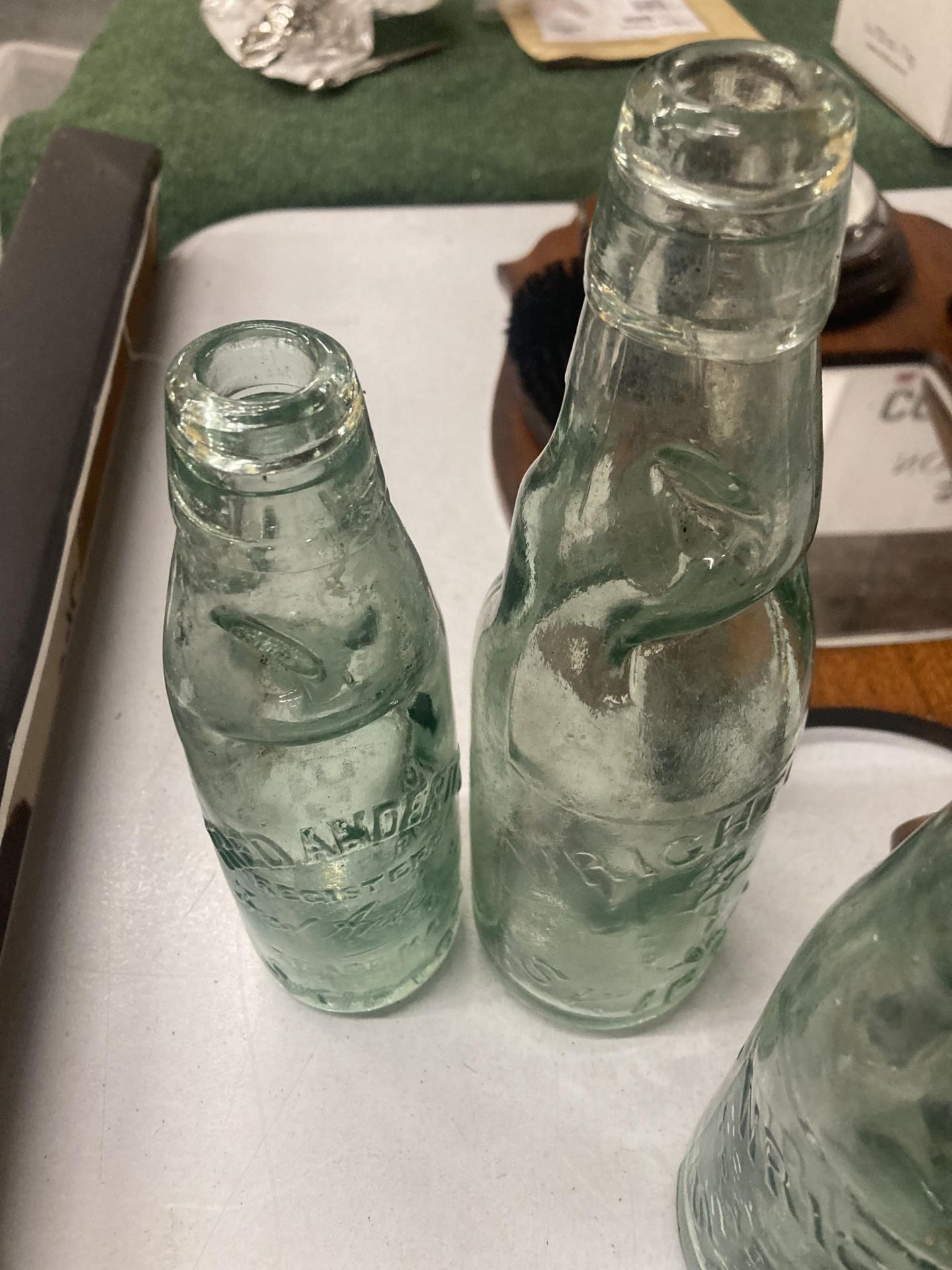 FIVE VINTAGE GLASS COD BOTTLES WITH MARBLE STOPPERS - Image 3 of 3