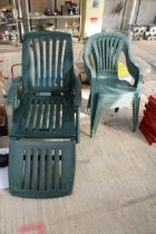 FOUR PLASTIC STACKING GARDEN CHAIRS AND A PLASTIC SUN LOUNGER