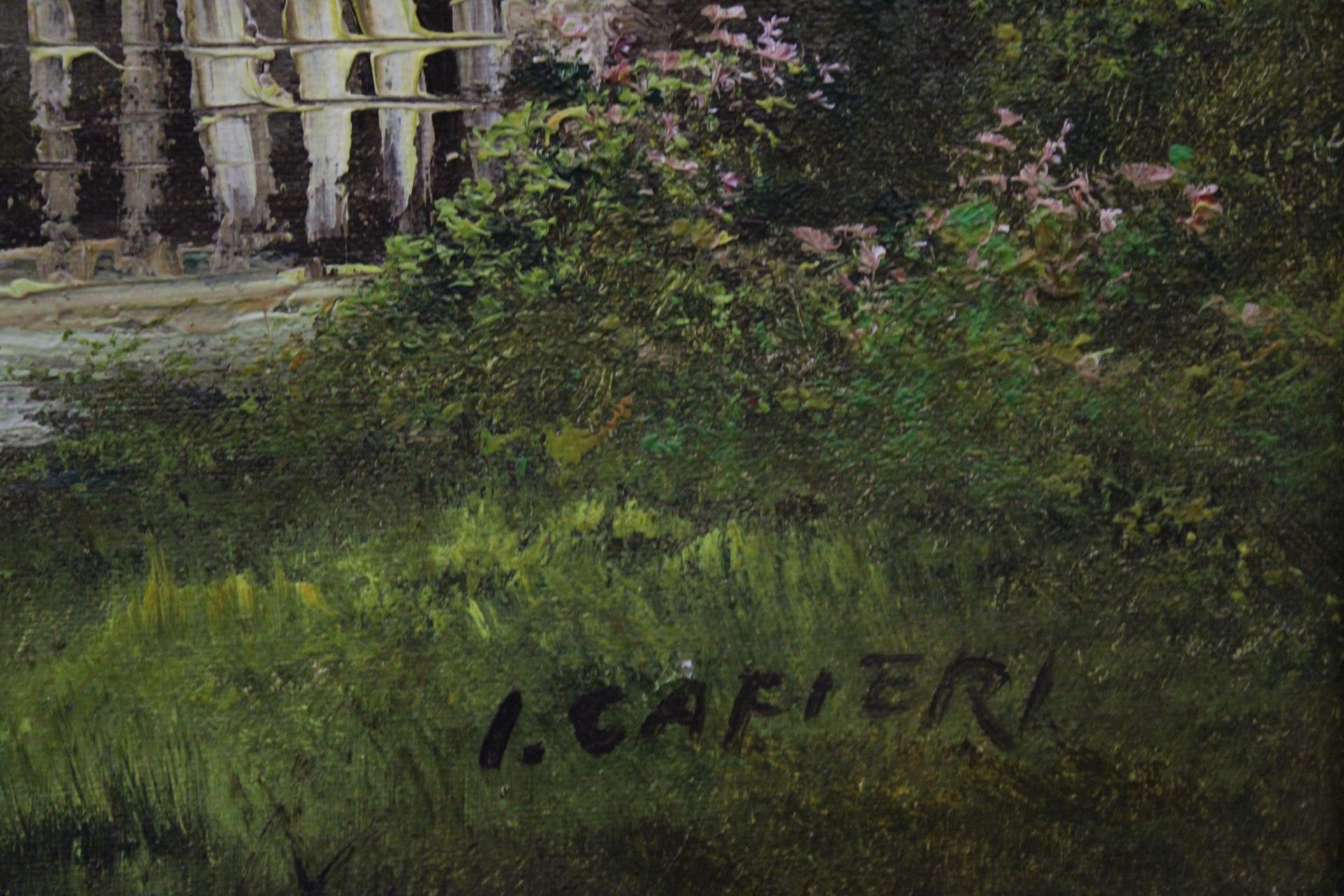 A GILT FRAMED OIL ON CANVAS OF A COTTAGE AND LAKE SCENE, SIGNED I CAFIERI, 70CM X 60CM - Image 3 of 4