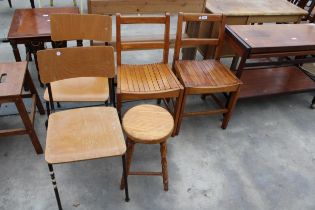 A PINE STOOL, TWO BENTWOOD STACKING CHAIRS AND A PAIR OF BEECH KITCHEN CHAIRS WITH SLATTED SEATS