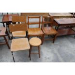 A PINE STOOL, TWO BENTWOOD STACKING CHAIRS AND A PAIR OF BEECH KITCHEN CHAIRS WITH SLATTED SEATS