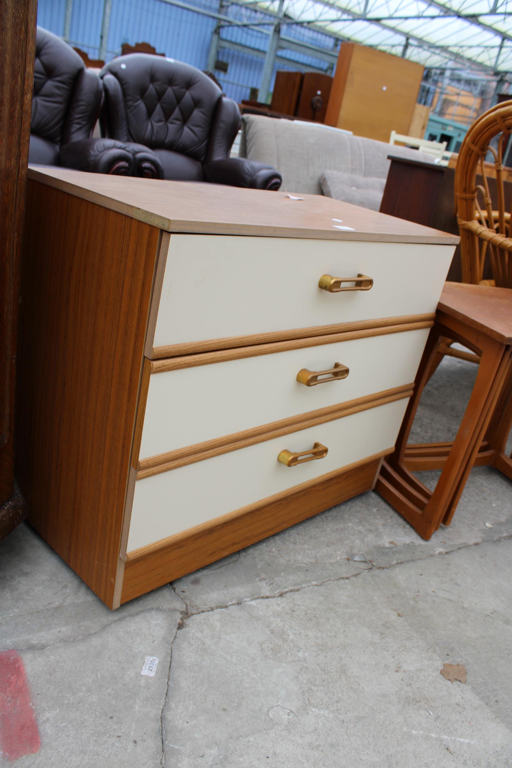 A RETRO TEAK EFFECT CHEST OF THREE DRAWERS, 31" WIDE - Image 2 of 2