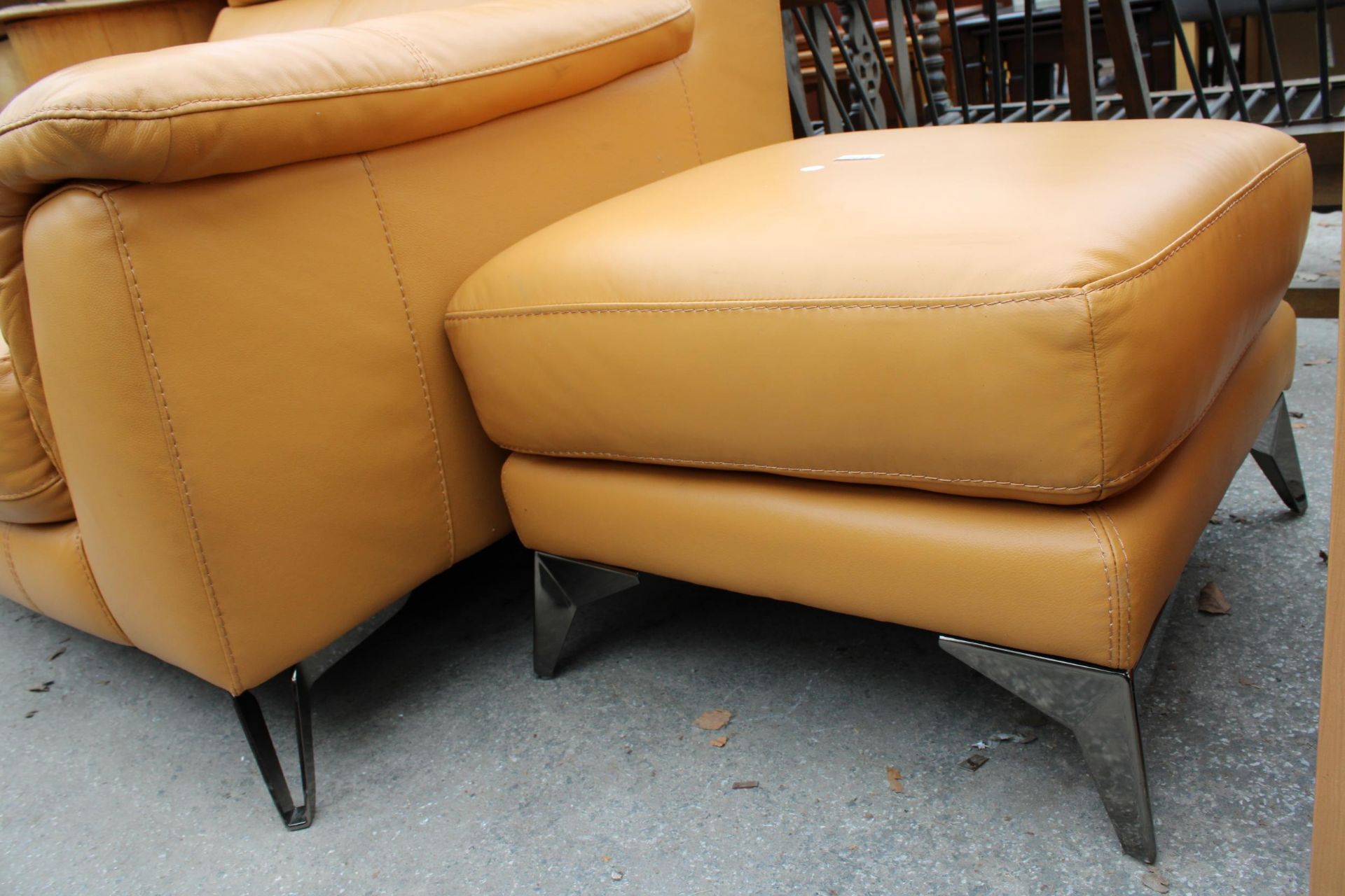 A MUSTARD EASY CHAIR AND STOOL ON KICK OUT METAL LEGS - Image 2 of 3