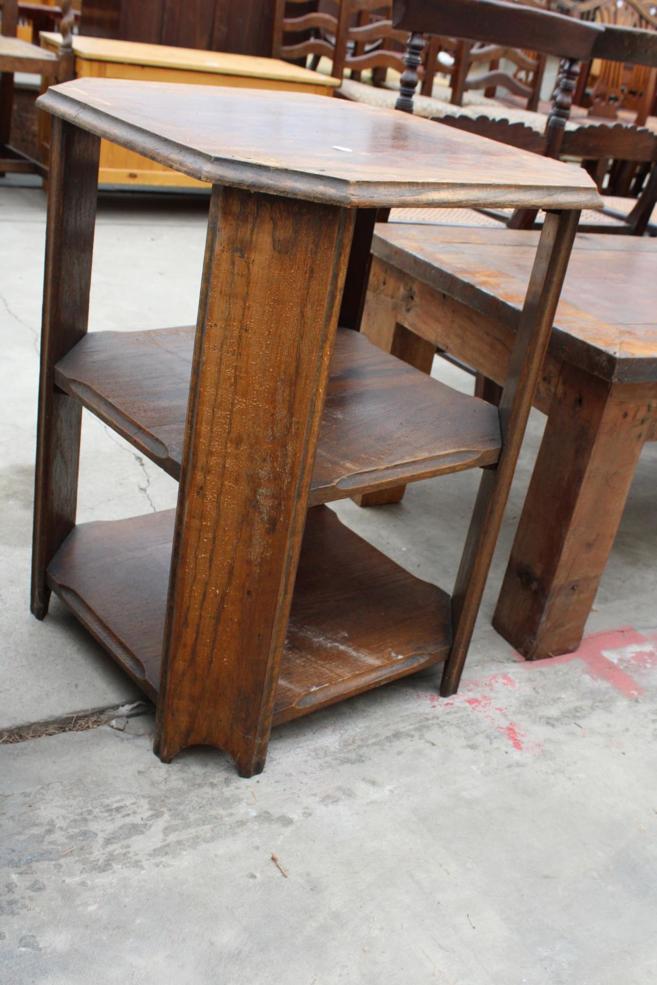 AN INDUSTRIAL STYLE COFFEE TABLE WITH METAL TRIM 43" X 24" AND AN OAK THREE TIER OCCASIONAL TABLE - Image 2 of 4