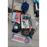 AN ASSORTMENT OF TOOLS TO INCLUDE A WATER PUMP, A SMALL MITRE SAW AND AN EXTENSION LEAD ETC