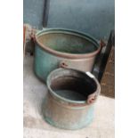 TWO VINTAGE COPPER COOKING POTS WITH STEEL HANDLES