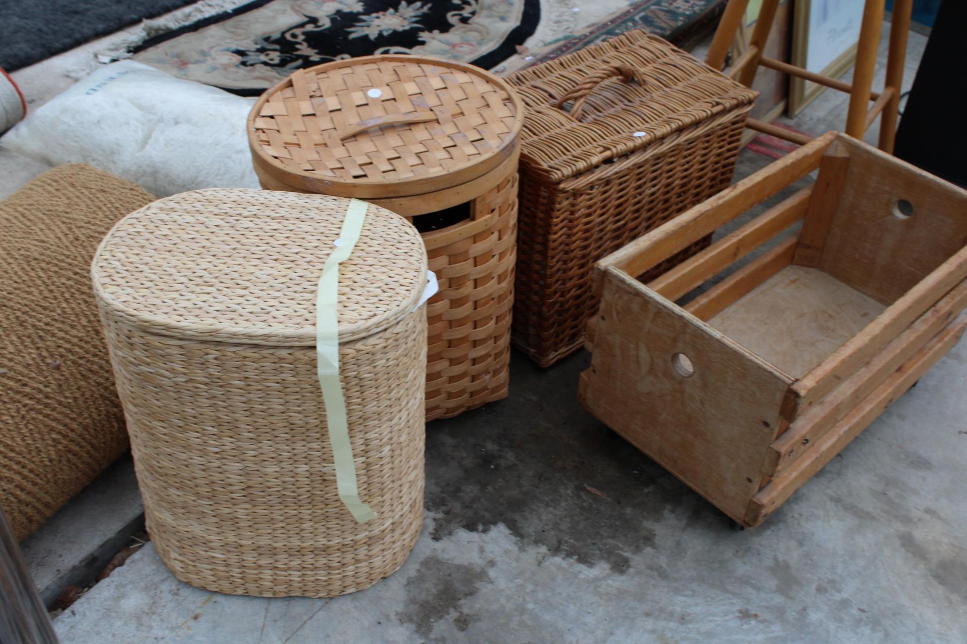 A TALL PINE STOOL, WICKER BASKETS AND A WOODEN BOX ETC - Image 3 of 3