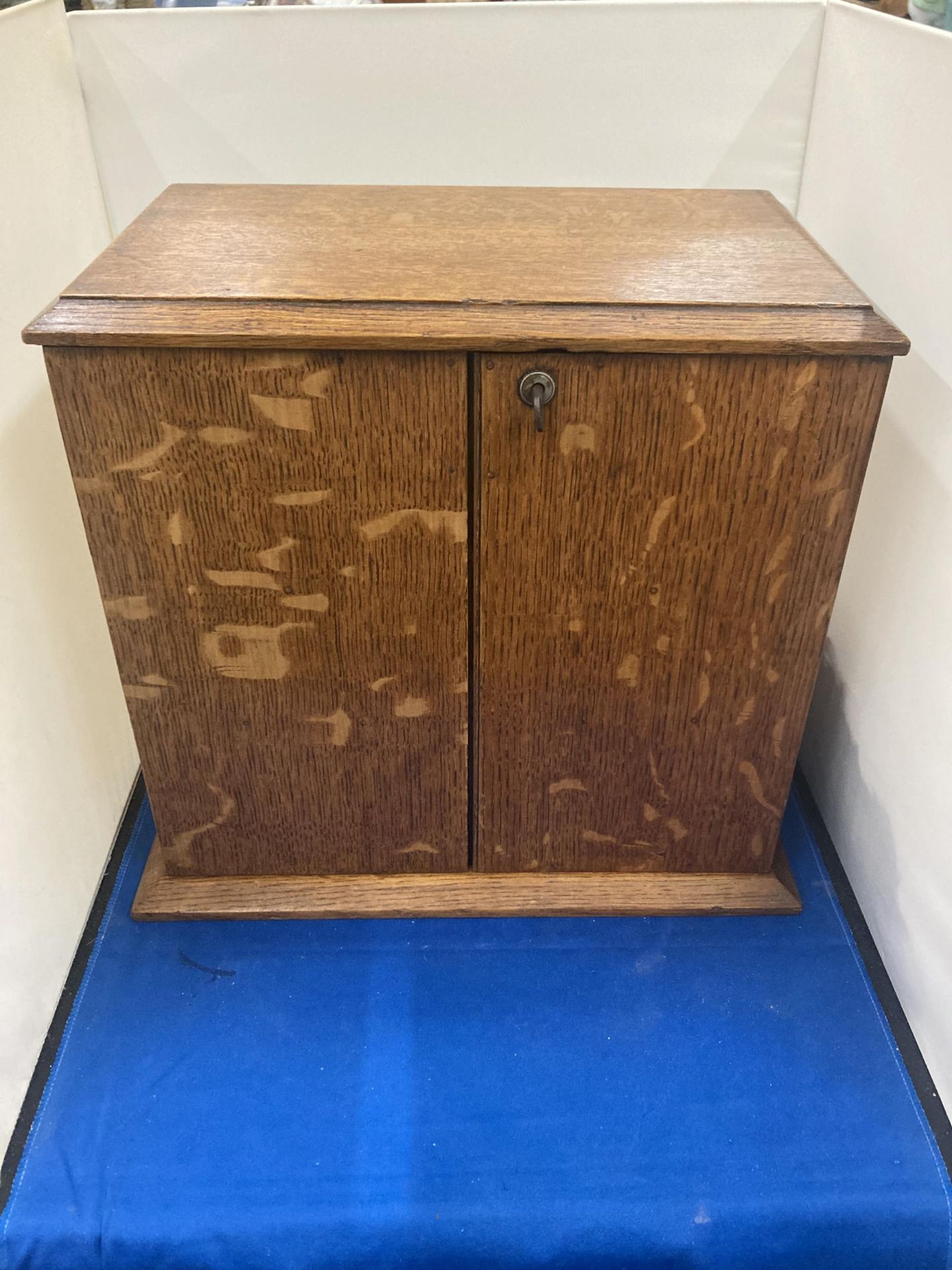 A WEBB AND SON PLYMOUTH EXETER OAK STATIONARY CABINET WITH THREE INTERIOR DRAWERS ENCLOSED WITH