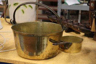 A BRASS JAM PAN AND A SMALL SAUCEPAN