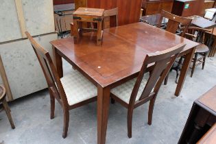 A HARDWOOD DINING TABLE 54" X 36" , FOUR DINING CHAIRS AND A HARDWOOD FOOTSTOOL