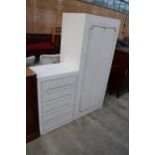 A WHITE AND GILT TWO DOOR WARDROBE AND MATCHING FIVE DRAWER CHEST