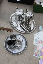 A COLLECTION OF ITEMS TO INCLUDE STAINLESS STEEL TEAPOT, TRAYS AND TOAST RACKS ETC