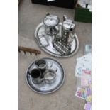 A COLLECTION OF ITEMS TO INCLUDE STAINLESS STEEL TEAPOT, TRAYS AND TOAST RACKS ETC
