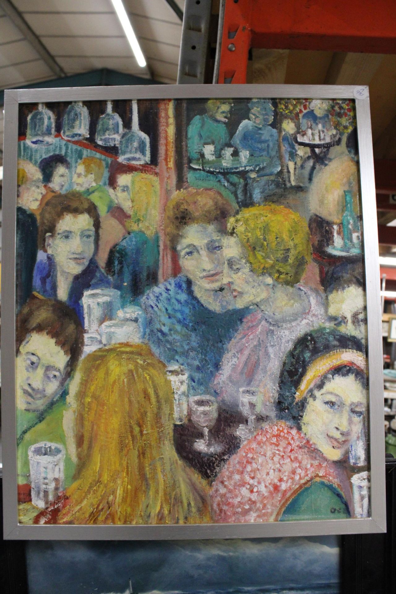 A OIL ON BOARD OF A BUSY "BAR" SCENE