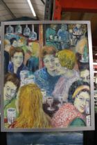 A OIL ON BOARD OF A BUSY "BAR" SCENE