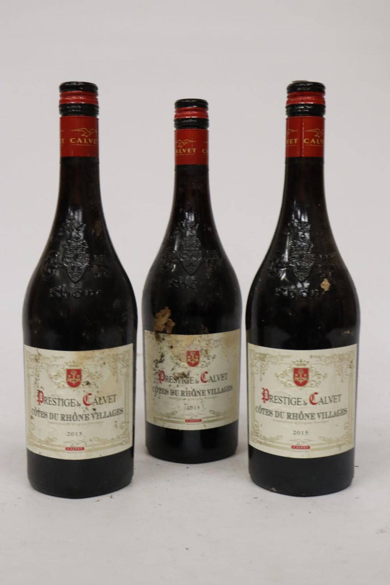 THREE BOTTLES OF 2015 PRESTIGE DE CALVET COTES DU RHONE VILLAGES RED WINE - 14 PER CENT