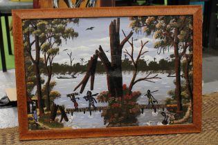 AN AFRICAN OIL ON CANVAS NATIVE SCENE, FRAMED, 72CM X 52CM