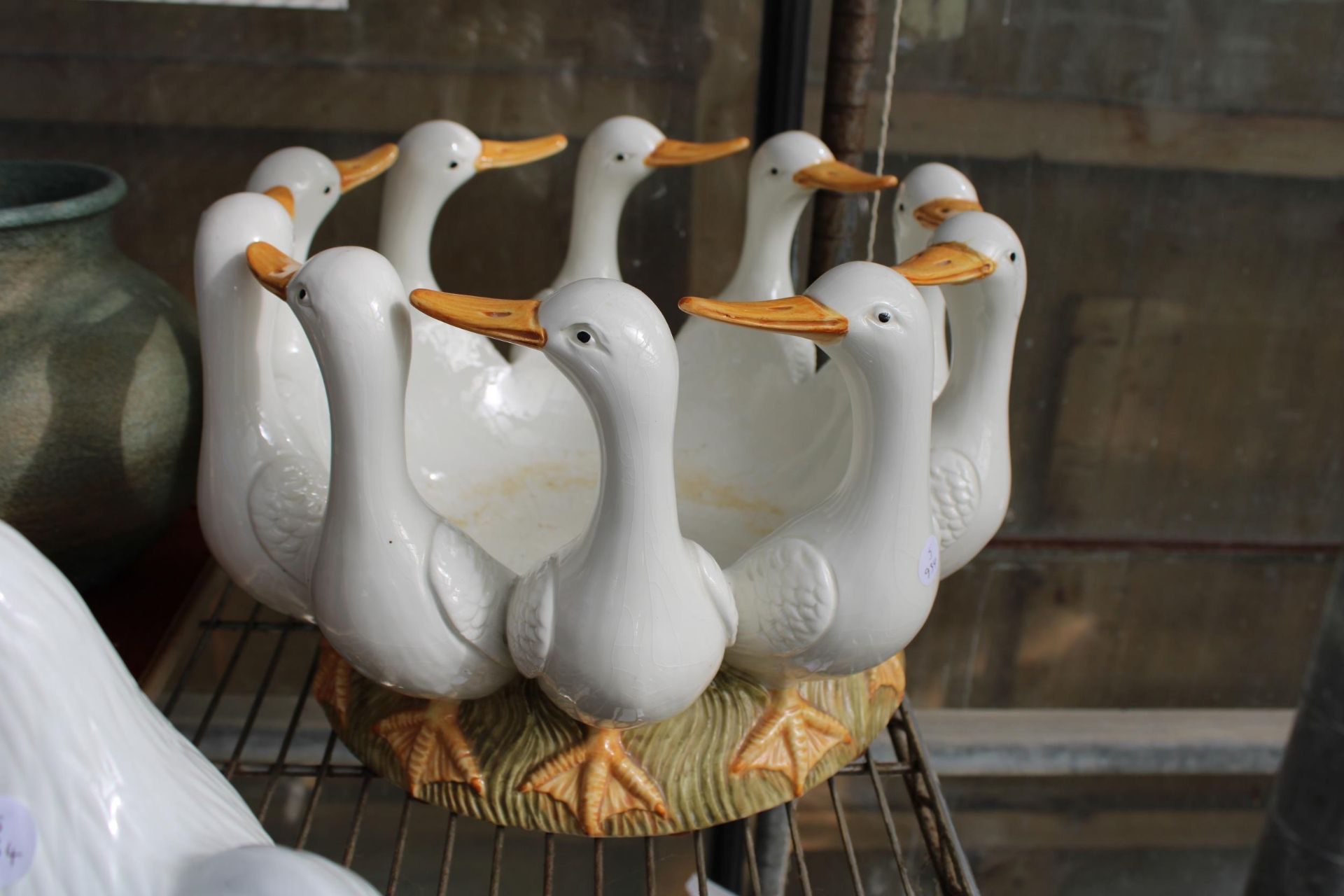 A LARGE CERAMIC DUCK BOWL AND TWO CERAMIC CHICKENS - Image 2 of 2