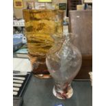 TWO STUDIO ART VASES TO INCLUDE A LARGE AMBER COLOURED WITH GLASS SWIRLS