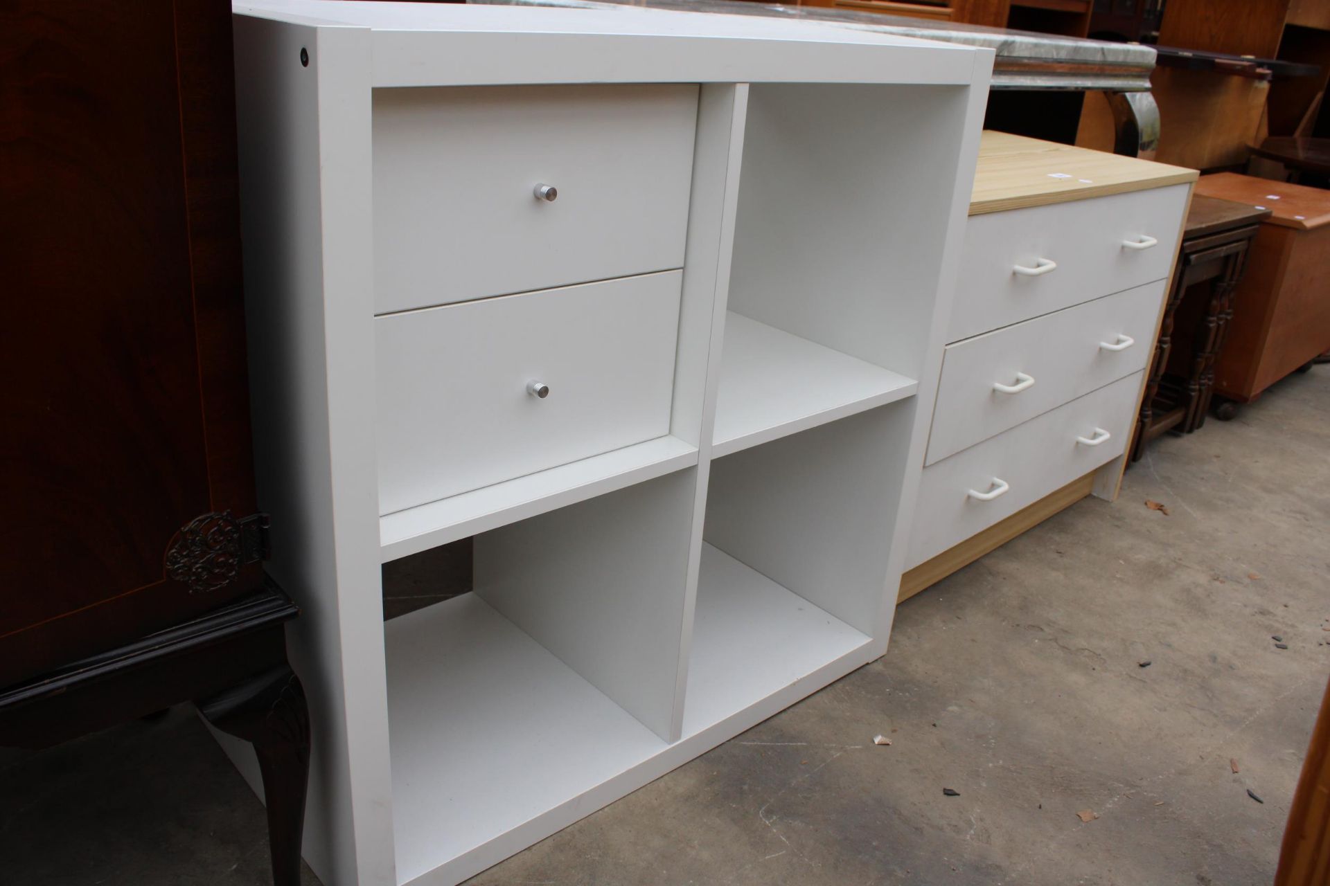 A WHITE CHEST OF THREE DRAWERS AND A SET OF WHITE OPEN BOOKSHELVES WITH TWO DRAWERS - Image 2 of 2