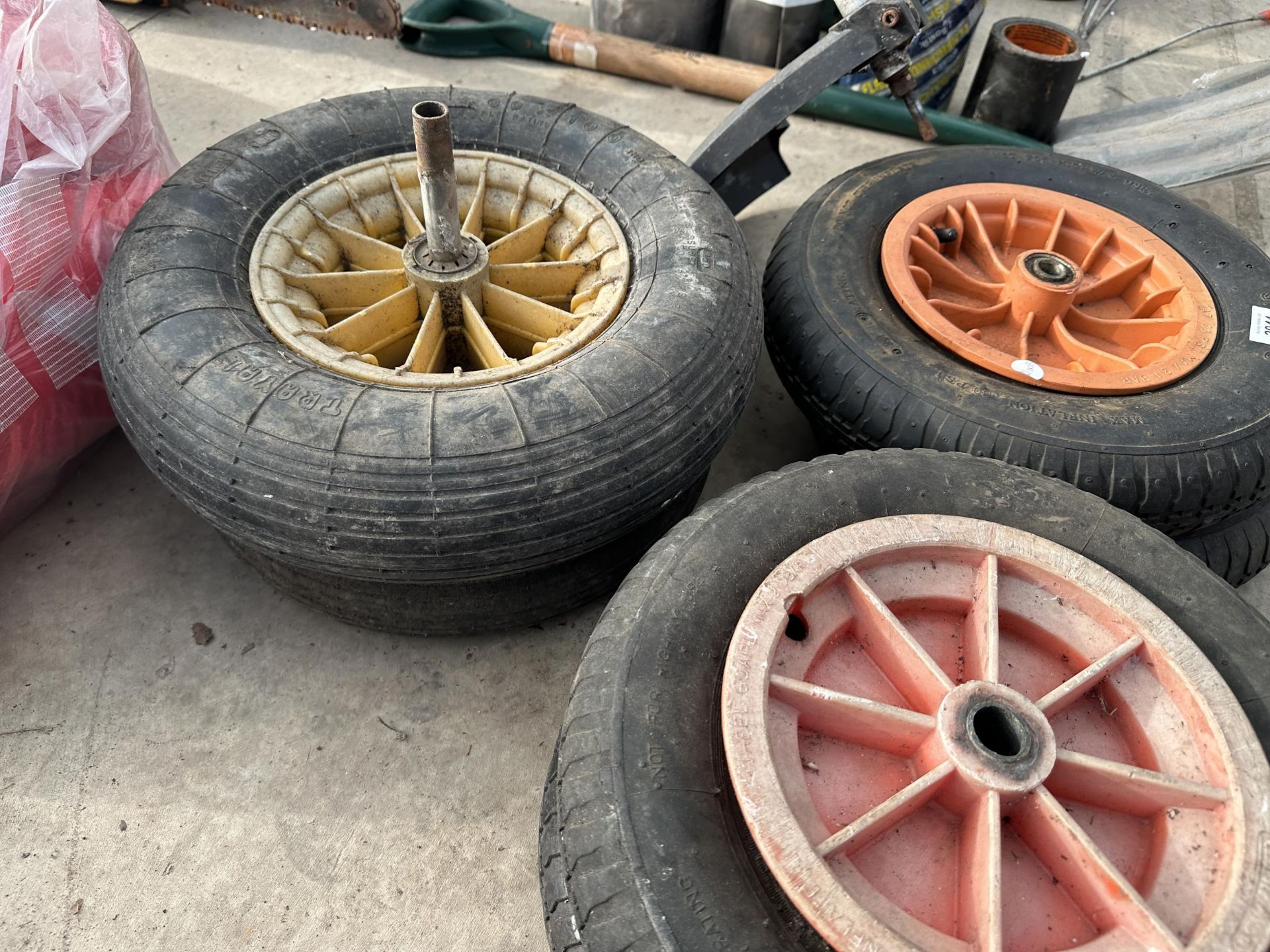 SIX VARIOUS WHEEL BARROW WHEELS AND TYRES - Image 3 of 3