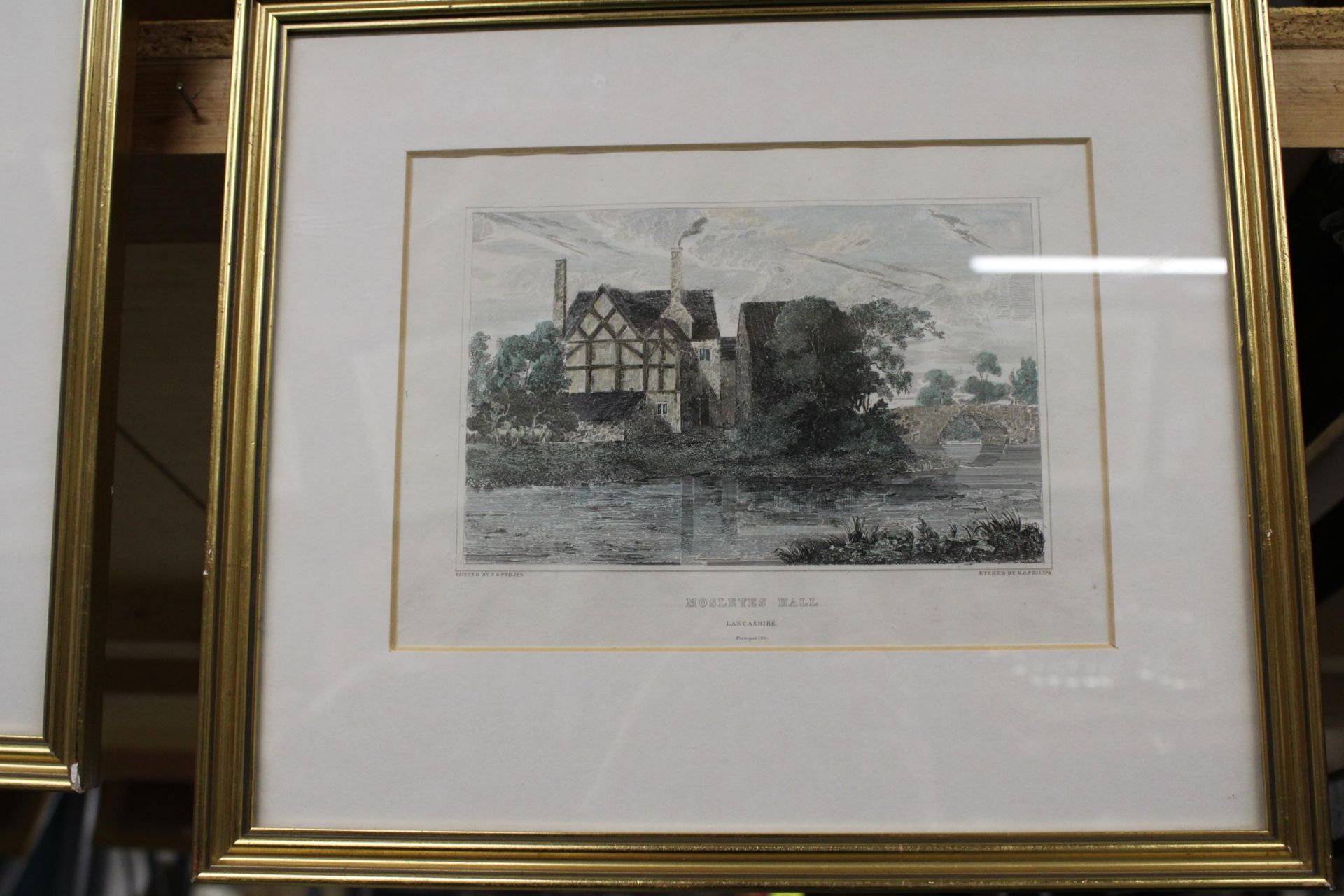 TWO VINTAGE COLOURED ENGRAVINGS, 'MOSLEYES HALL' AND 'WIDNESS HALL', FRAMED - Image 3 of 5