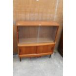 A RETRO TEAK DONCRAFT FURNITURE RETRO BOOKCASE WITH FOUR SLIDING DOORS, TWO BEING GLASS 36" WIDE