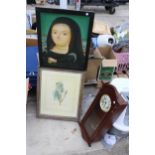 A WESTMINISTER CHIMING WALL CLOCK AND TWO FRAMED PRINTS