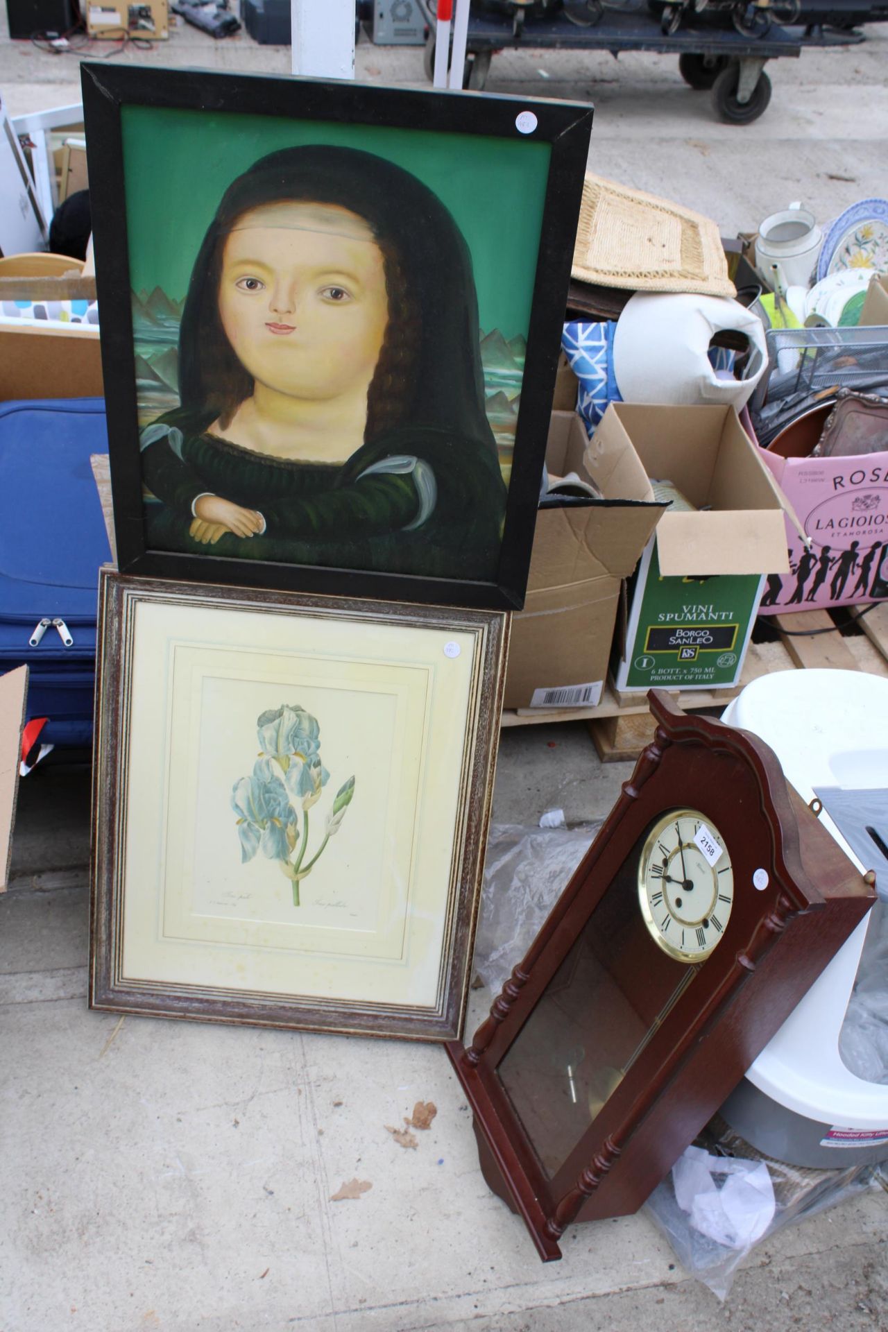 A WESTMINISTER CHIMING WALL CLOCK AND TWO FRAMED PRINTS