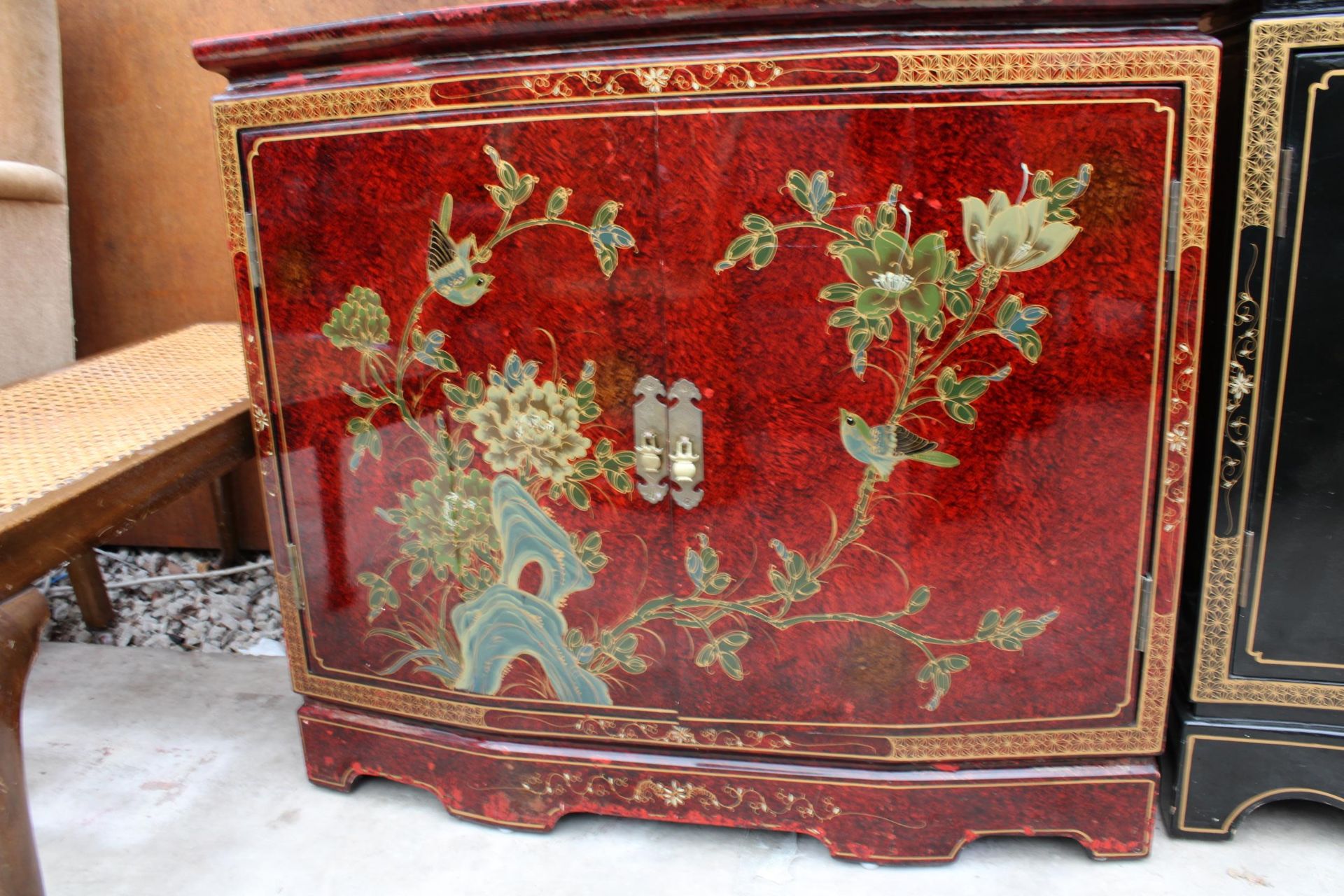 A 19TH CENTURY STYLE RED GROUND TWO-DOOR SIDE CABINET WITH CHINOISERIE DECORATION, 32" WIDE - Image 2 of 3