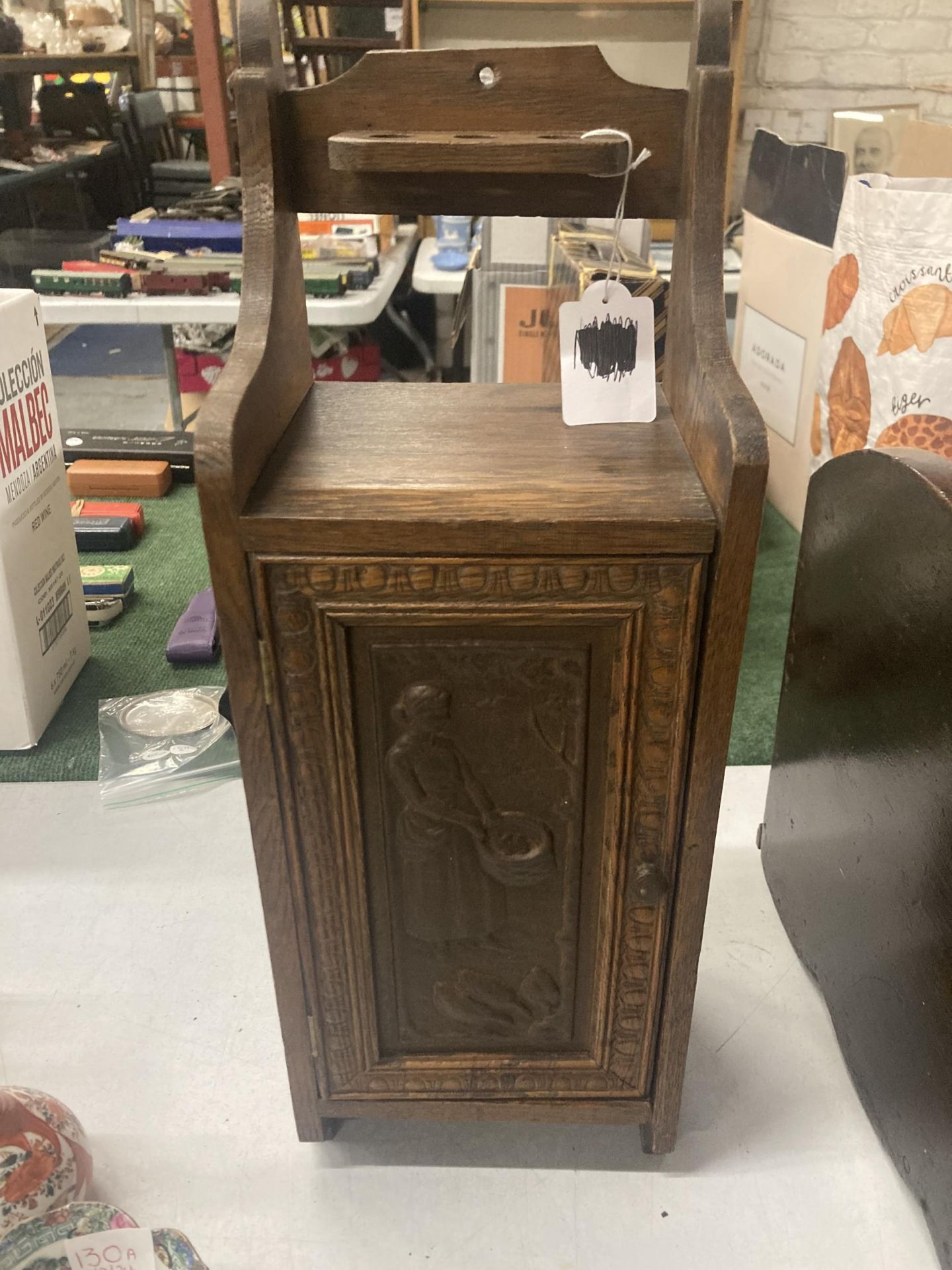 A VINTAGE OAK SMOKERS CABINET WITH CARVED DOOR - Image 2 of 3