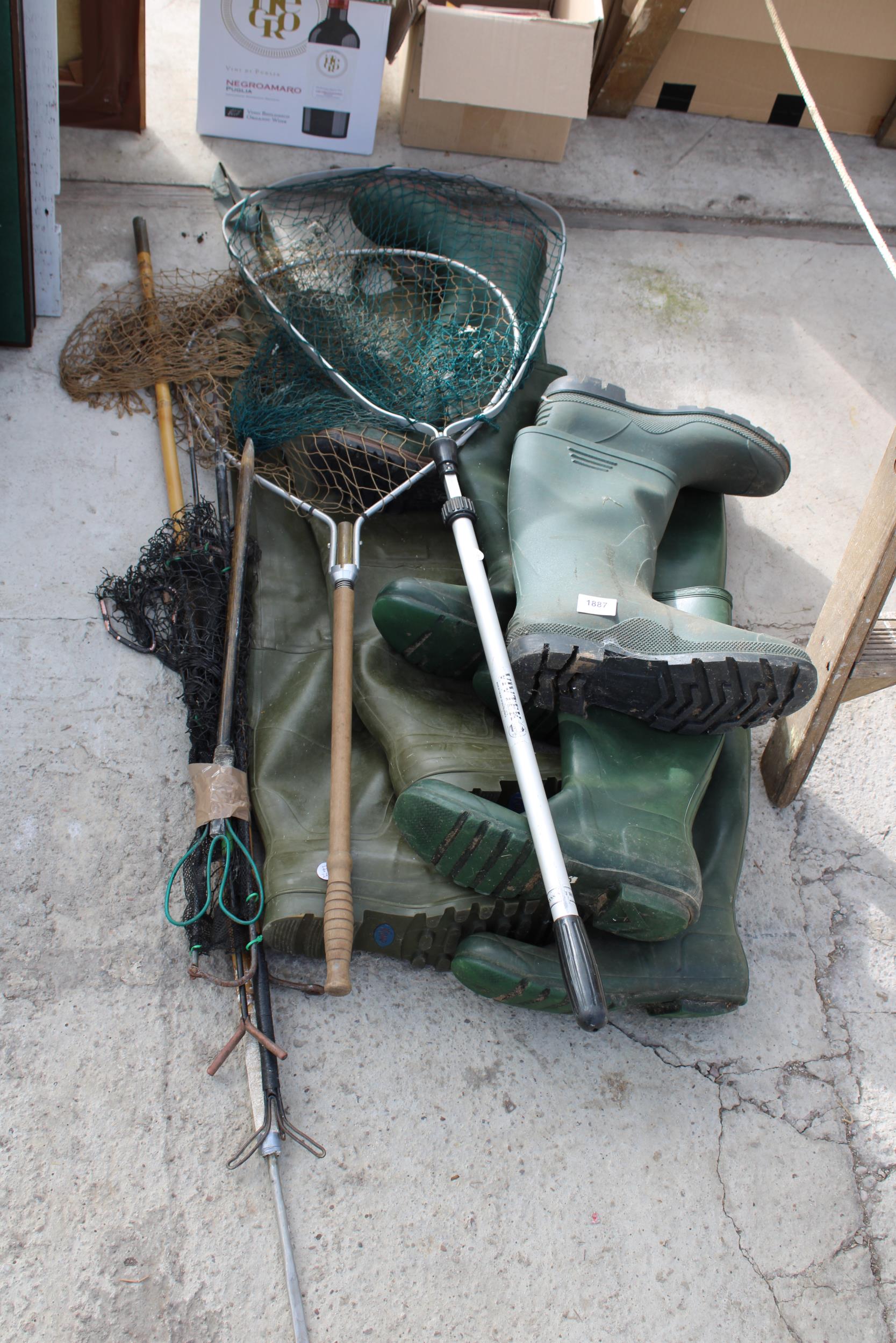 AN ASSORTMENT OF FISHING ITEMS TO INCLUDE WADERS AND NETS ETC